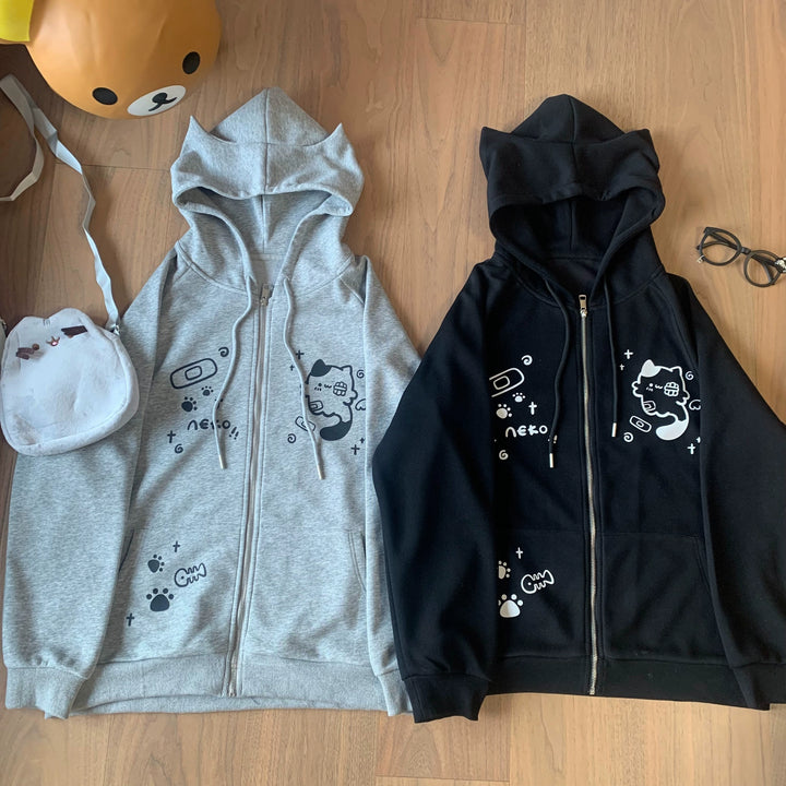 Kawaii Cat Ear Hooded Jacket, Bandage & Fishbone Print 43324:774174