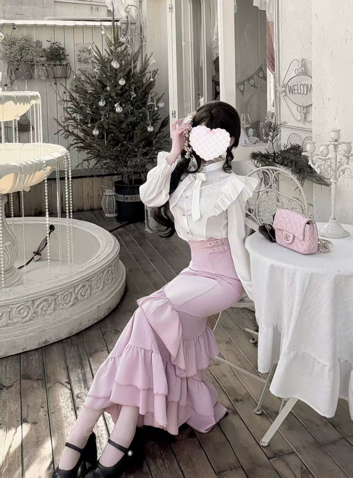 Elegant White Blouse and Pink Mermaid Skirt Set 44511:810987