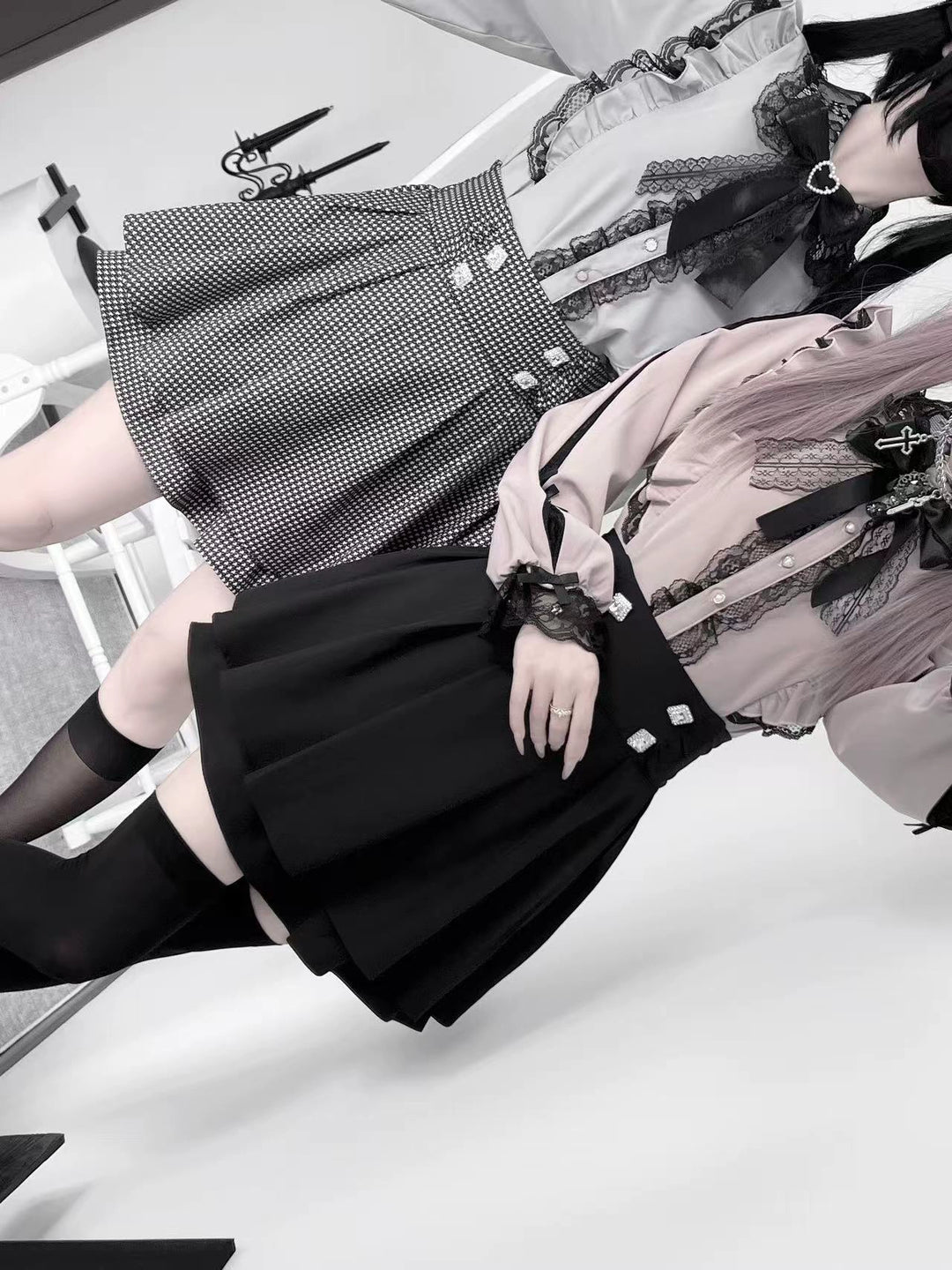 Jirai Kei Lace Blouse Outfit, High-Waist Skirt 43813:789597