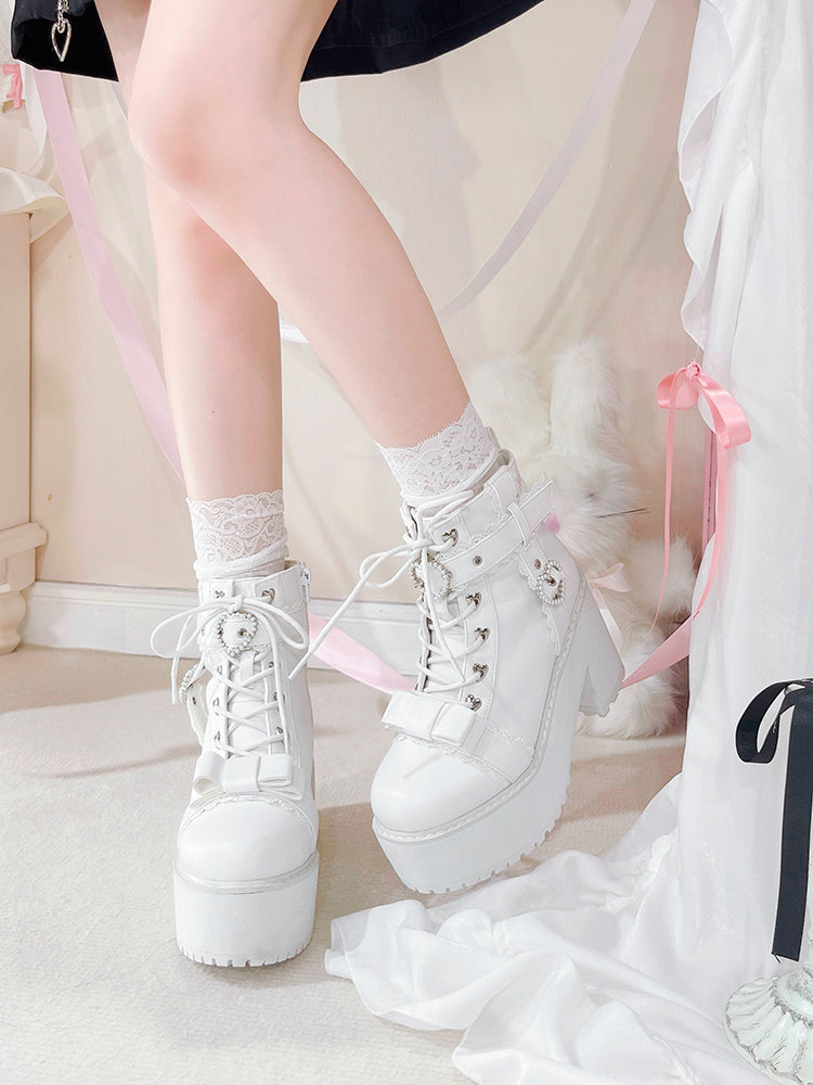 Jirai Kei Shoes Ankle Boots with Heart-shaped Pearl Buckle Detail (35 36 37 38 39 40) 42651:748995