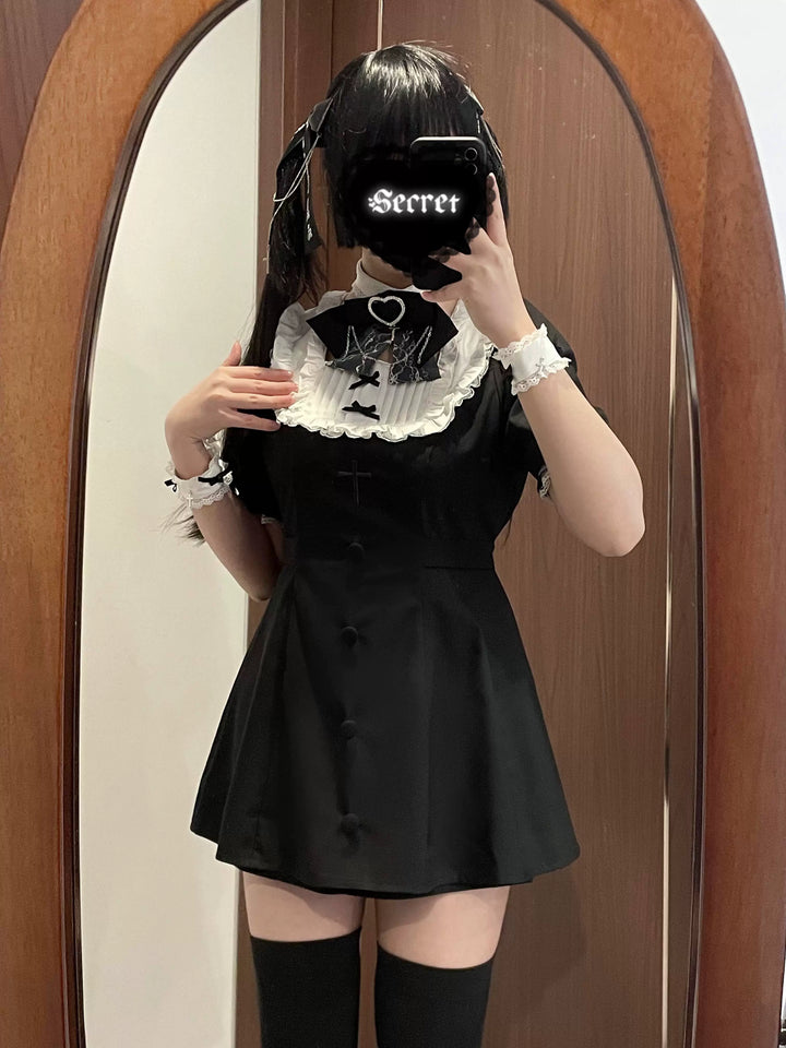 Jirai Kei Dress Set Short-sleeved Lace Knot Bow Dress Shorts 35108:483272