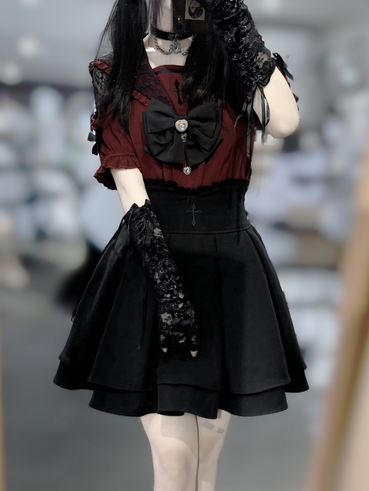 Sailor Collar Jirai Kei Blouse, High Waist Skirt, Embroidered Cross 37118:552514