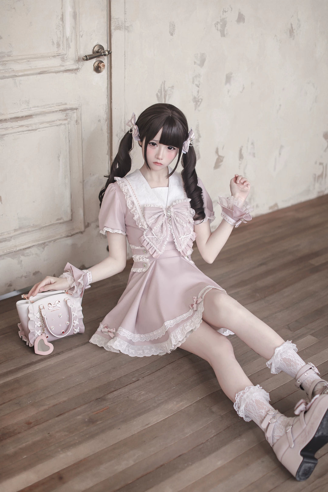 Pink High-waist Ryousangata Dress, Sailor Collar 44781:829321