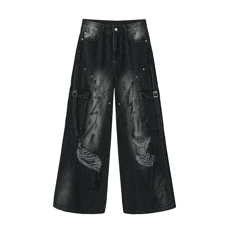 Punk Pants Black Straight Wide Leg Ripped Jeans Autumn (L M S XL) 39760:642176