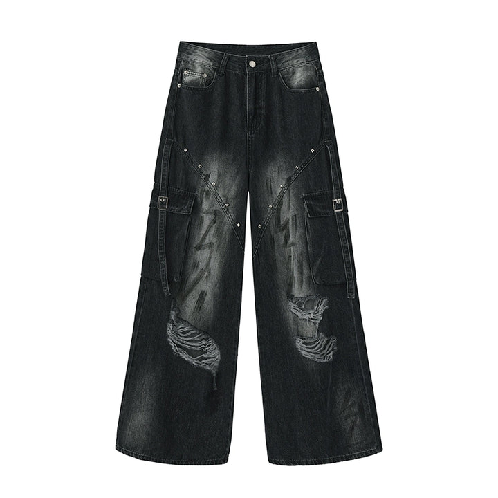 Punk Pants Black Straight Wide Leg Ripped Jeans Autumn (L M S XL) 39760:642176