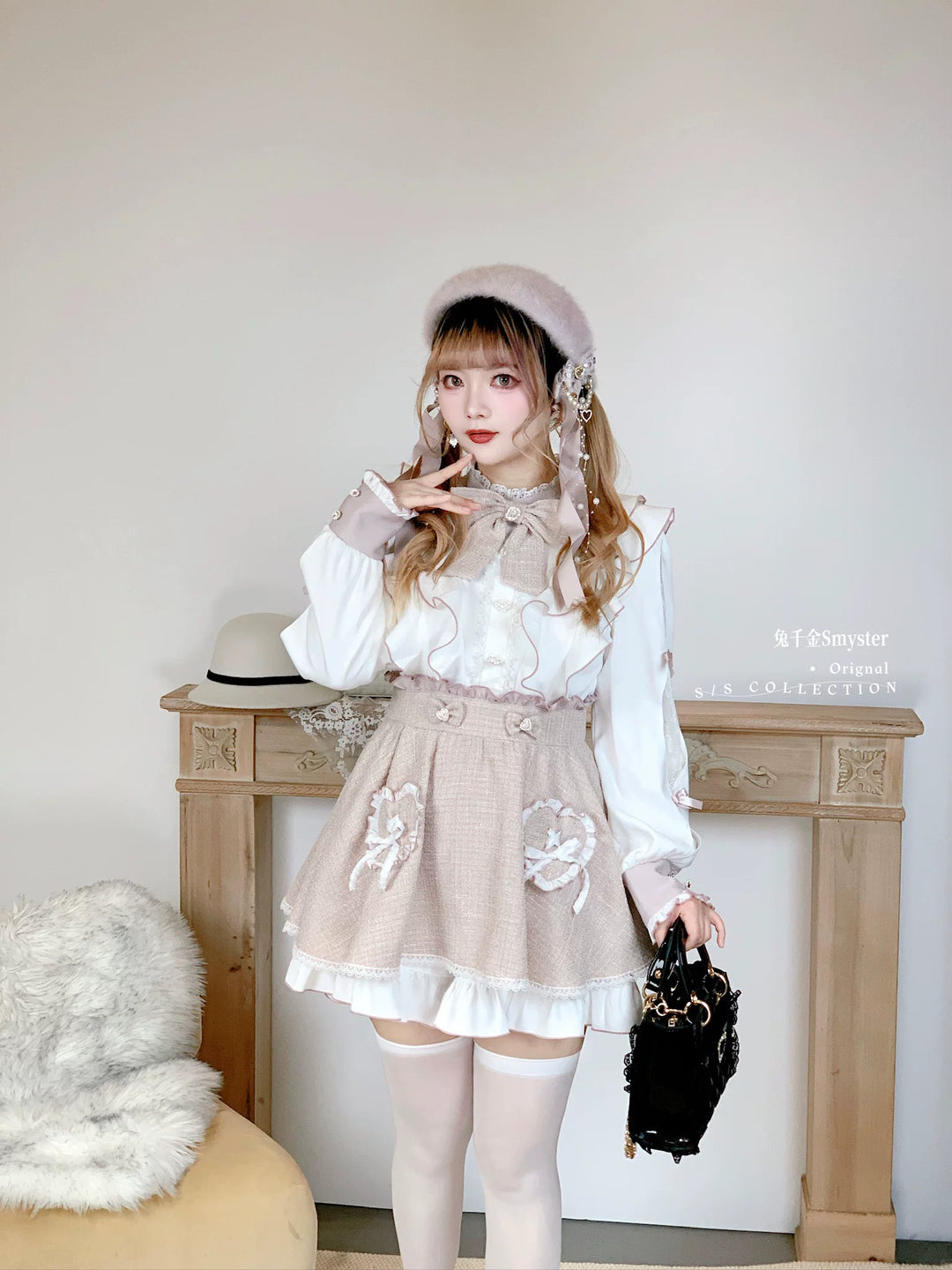 Pink and White Ryousangata Tweed Dress, Elastic Shorts 44755:825263