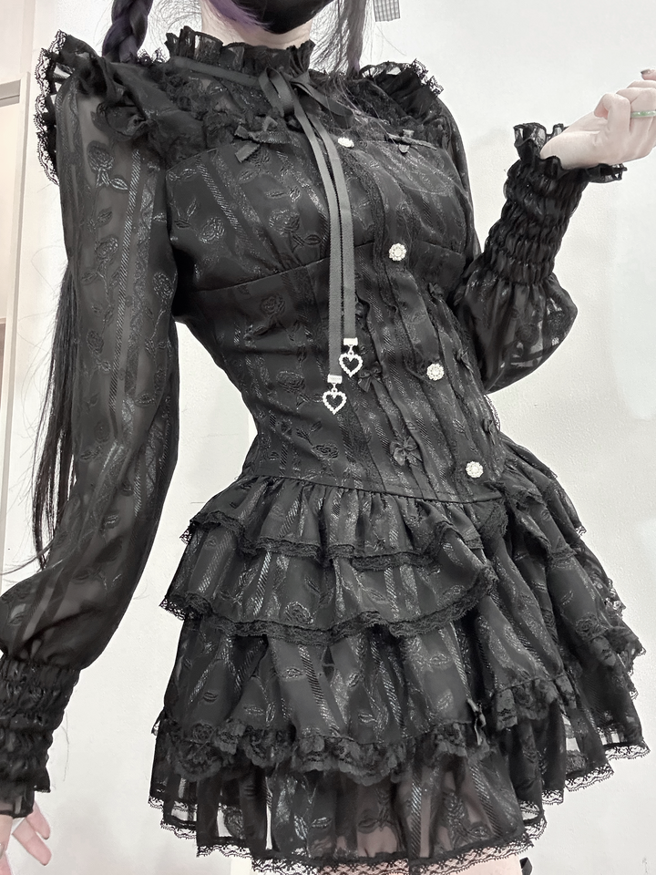 Jirai Kei Blouse & Bloomers Set, Ruffled Stand Collar 44959:831578