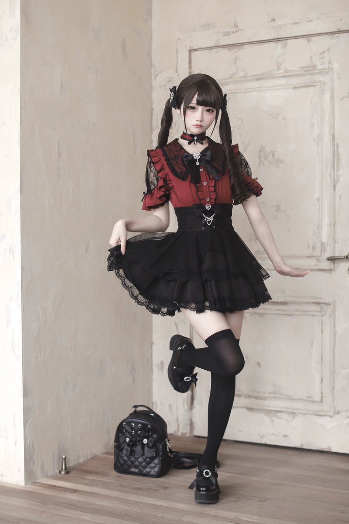 Jirai Kei Lace Sleeve Blouse, Ruffle Details 45194:841388