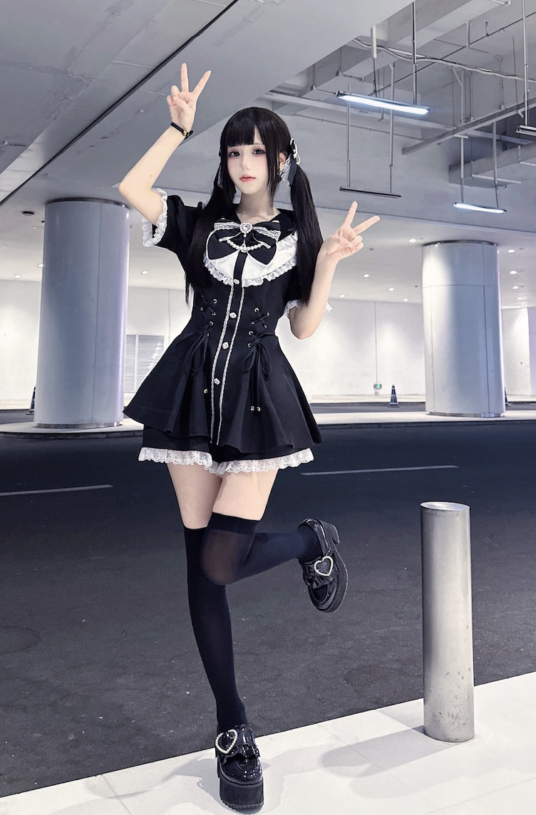 Jirai Kei Dress With Lace-Up Waist & Pocketed Shorts 43005:761675