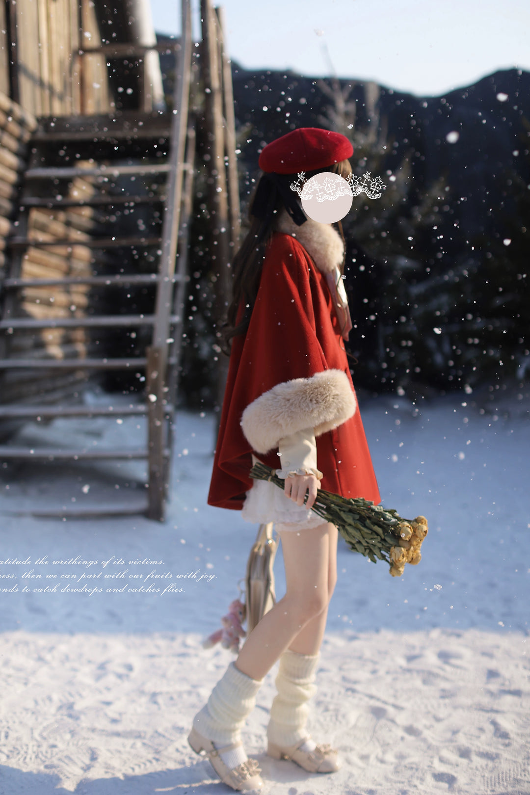 Christmas Woolen Blend Red Cloak, Beige Blouse 44037:793483