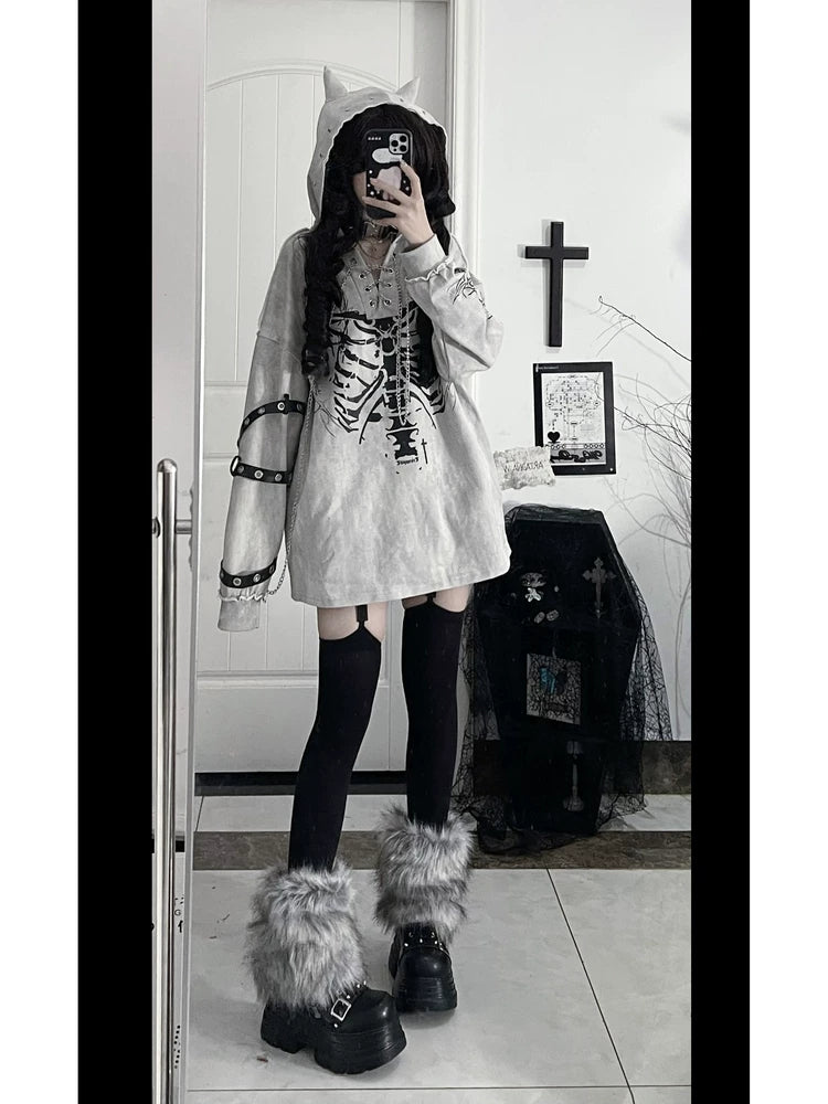 Ribcage Printed Subculture Hoodie, Ear-Accent Hood 44564:815252