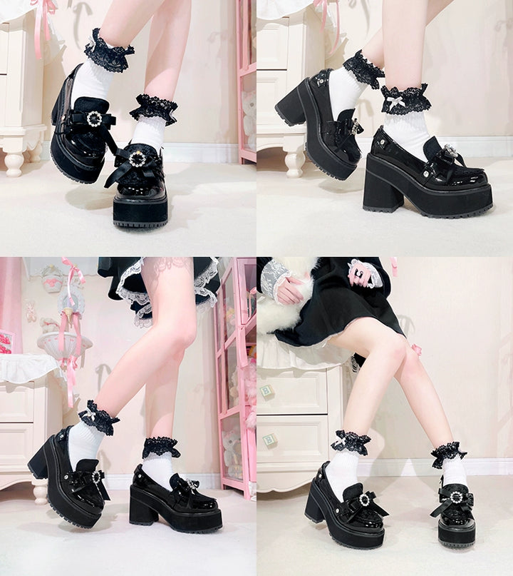 Jirai Kei Shoes Bow Tie Rhinestone Platforms High-heel Shoes 38516:590842