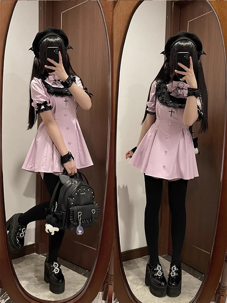 Jirai Kei Dress Set Short-sleeved Lace Knot Bow Dress Shorts 35108:559354