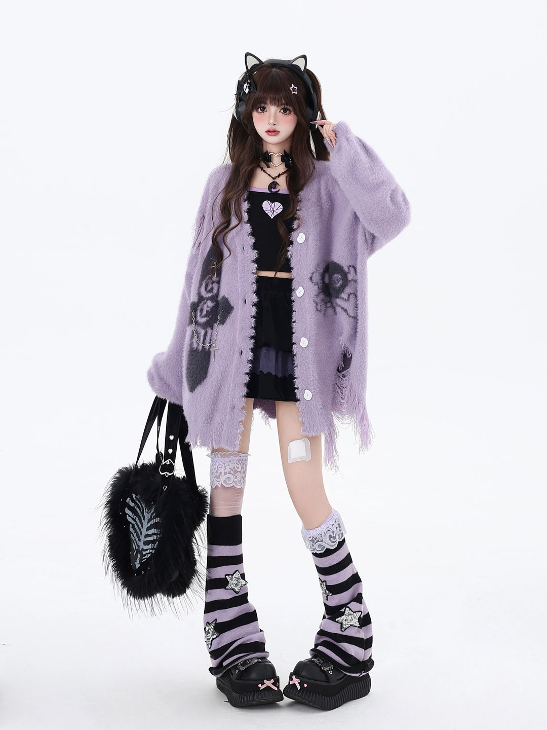 Jirai Kei Sweater Irregular Hem Cardigan With Striped Scarf 40922:680422