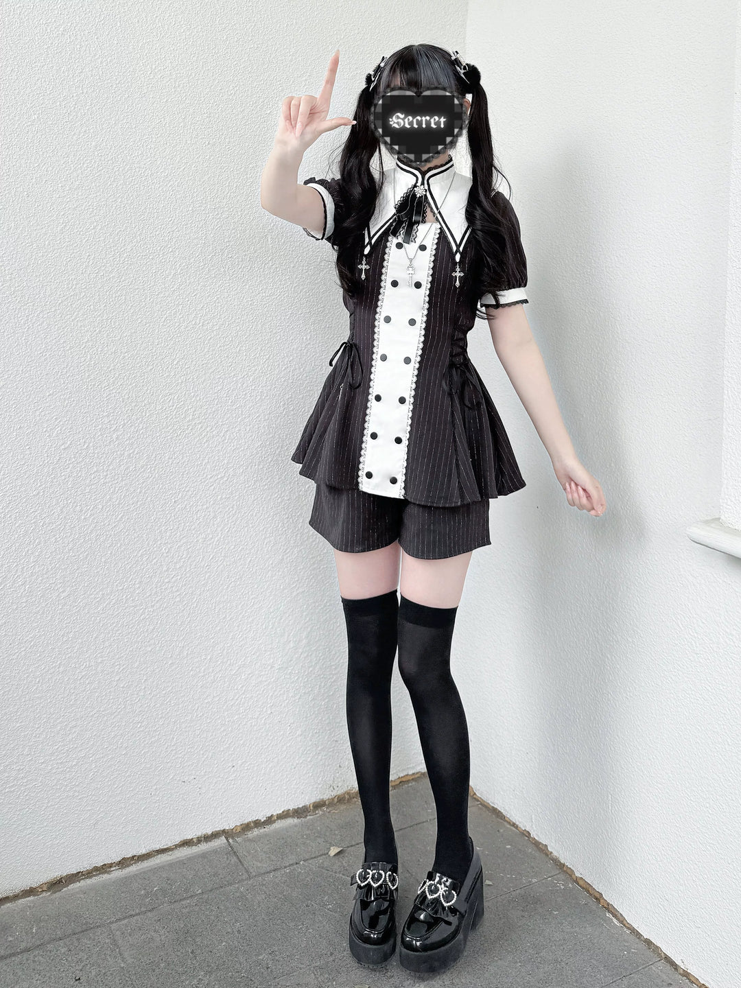 Striped Jirai Kei Set Up, Detachable Collar, Long/Short Sleeve Styles 43401:775807