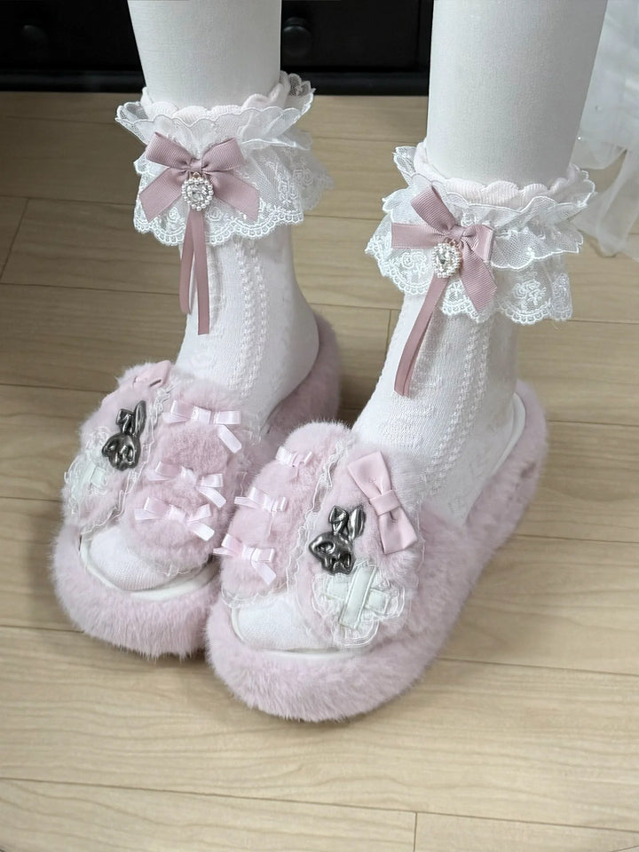 Jirai Kei Platform Wedge Slippers, Bunny Ears & Cross (Pink / 35 36 37 38 39 40 41) 46071:875406