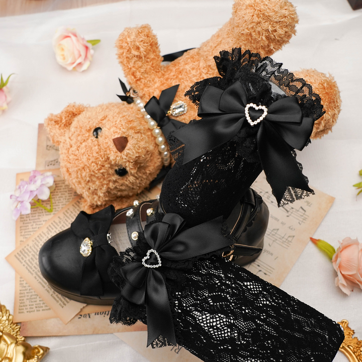Jirai Kei Socks Kawaii Heart-Shaped Rhinestones and Bow Detail 21542:308626