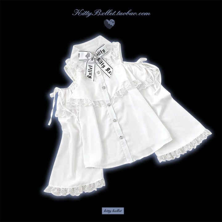 Open Shoulder Jirai Kei Blouse with Lace Trim & Princess Sleeves 42618:746848