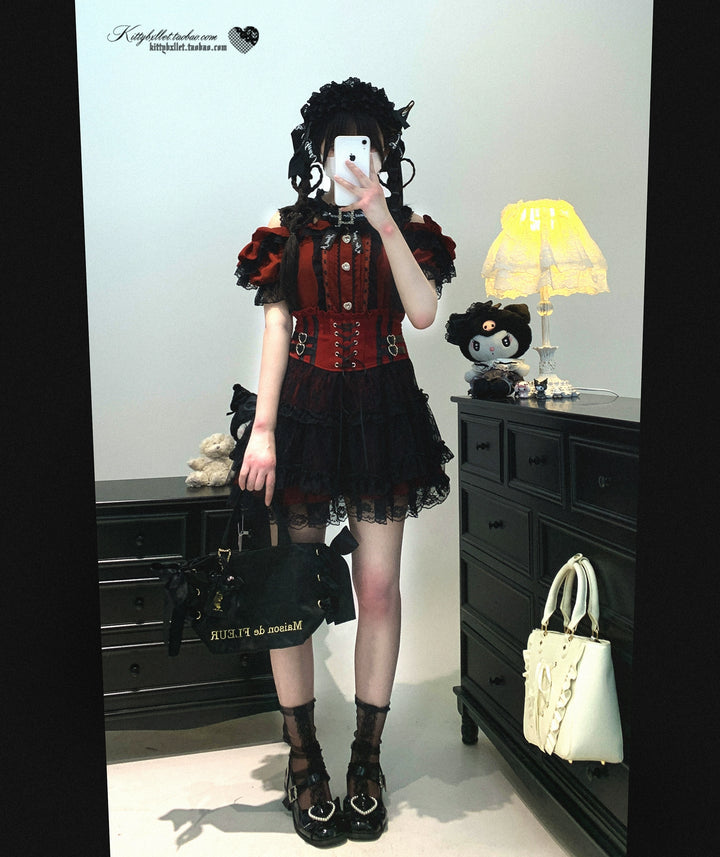 Lace Open Shoulder Jirai Kei Blouse, Heart Rhinestone 43692:783154