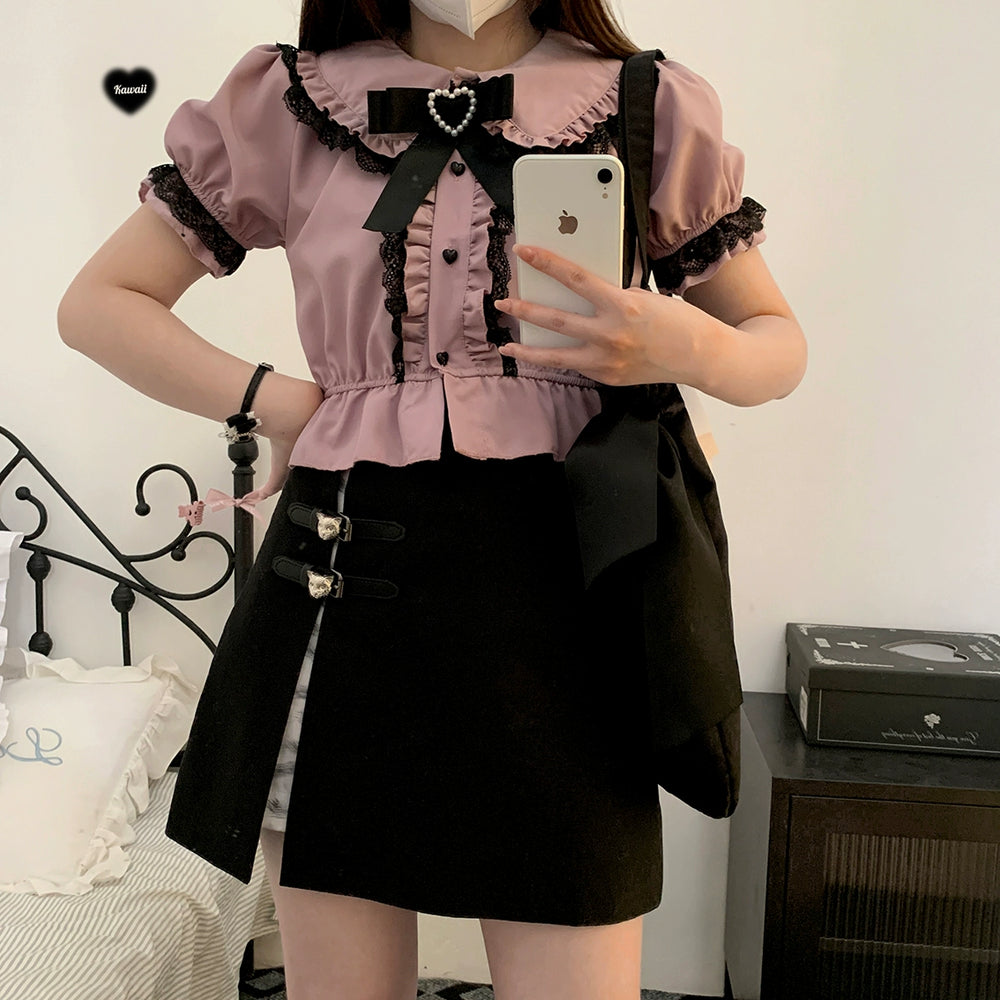 Jirai Kei Shirt Sweet Lace Blouse Short Sleeve Peter Pan Collar 35260:536016 35260:536016