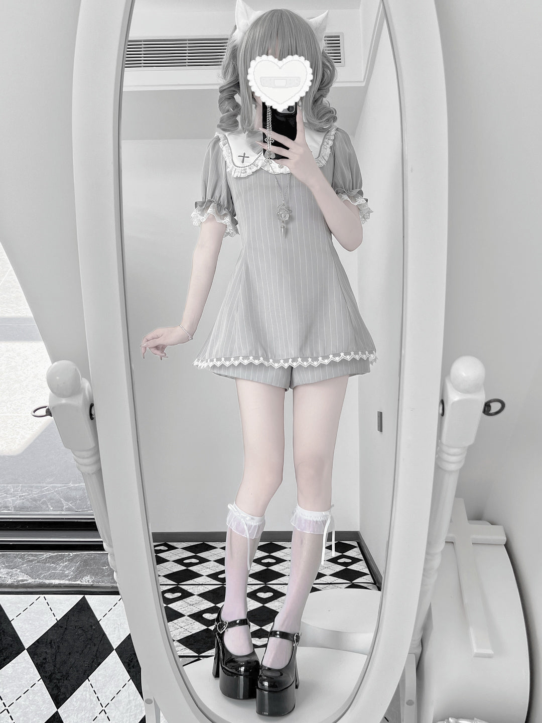 Striped Jirai Kei Dress Set Sailor Collar with Cross Details 42785:752979