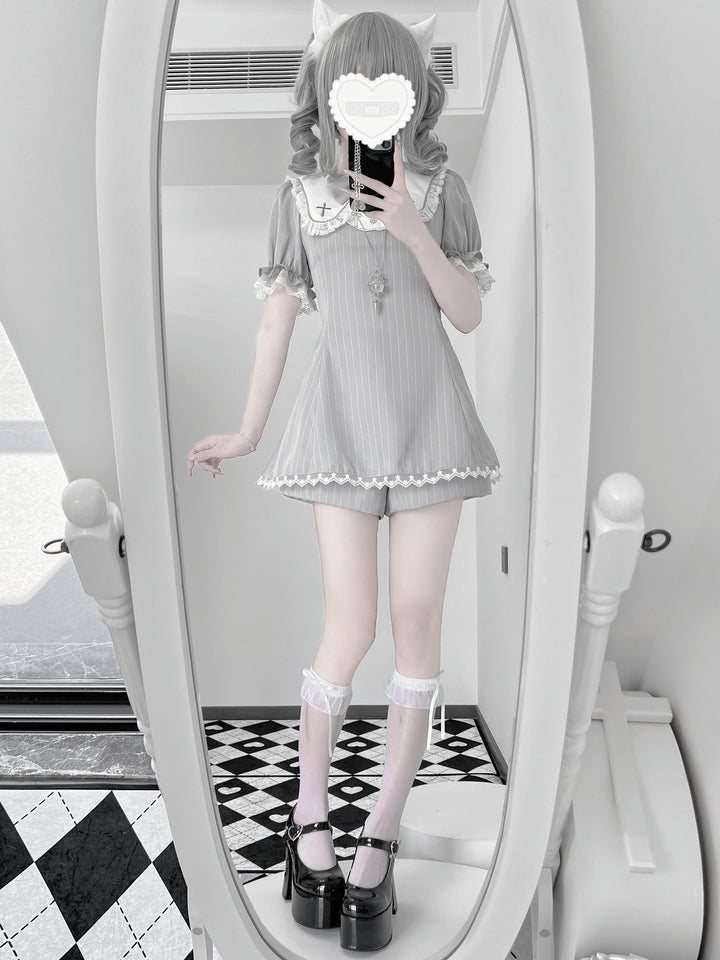 Striped Jirai Kei Dress Set Sailor Collar with Cross Details 42785:752979