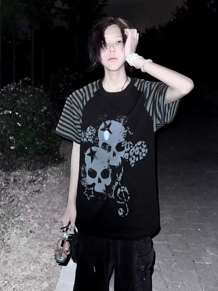 Cotton Subculture T-shirt, Gothic Skull & Leopard Heart Print 43225:771669