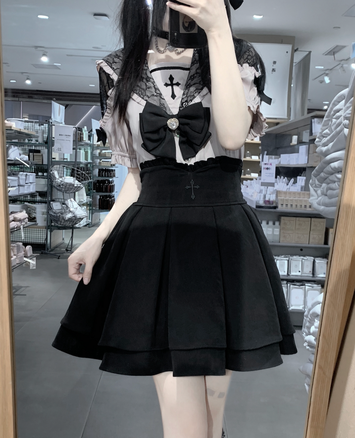 Sailor Collar Jirai Kei Blouse, High Waist Skirt, Embroidered Cross 37118:552518