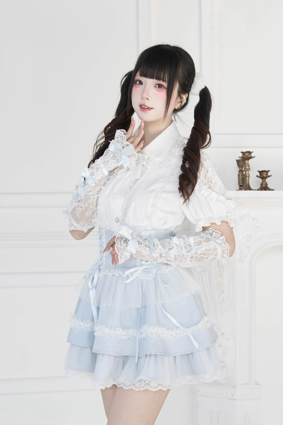Jirai Kei Lace Arm Sleeves, Ribbon Bows, Rhinestones, Pearl Accents 43316:773889