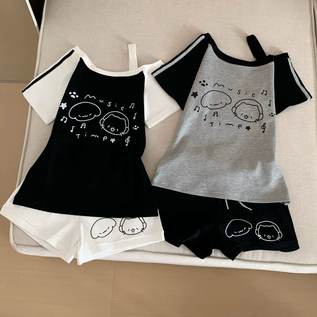Kawaii Summer Music Time Printed T-shirt, Shorts With Pockets 42904:757287