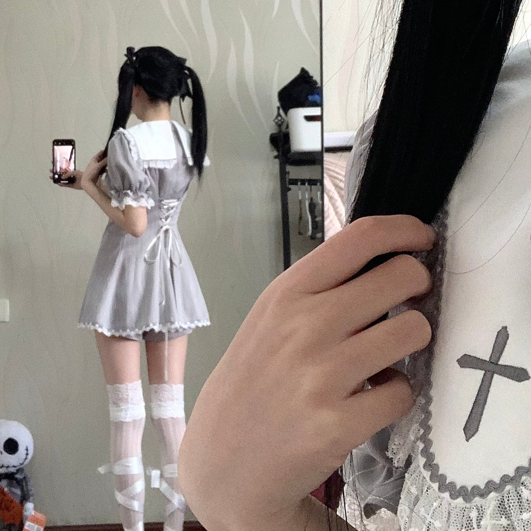 Striped Jirai Kei Dress Set Sailor Collar with Cross Details 42785:752980
