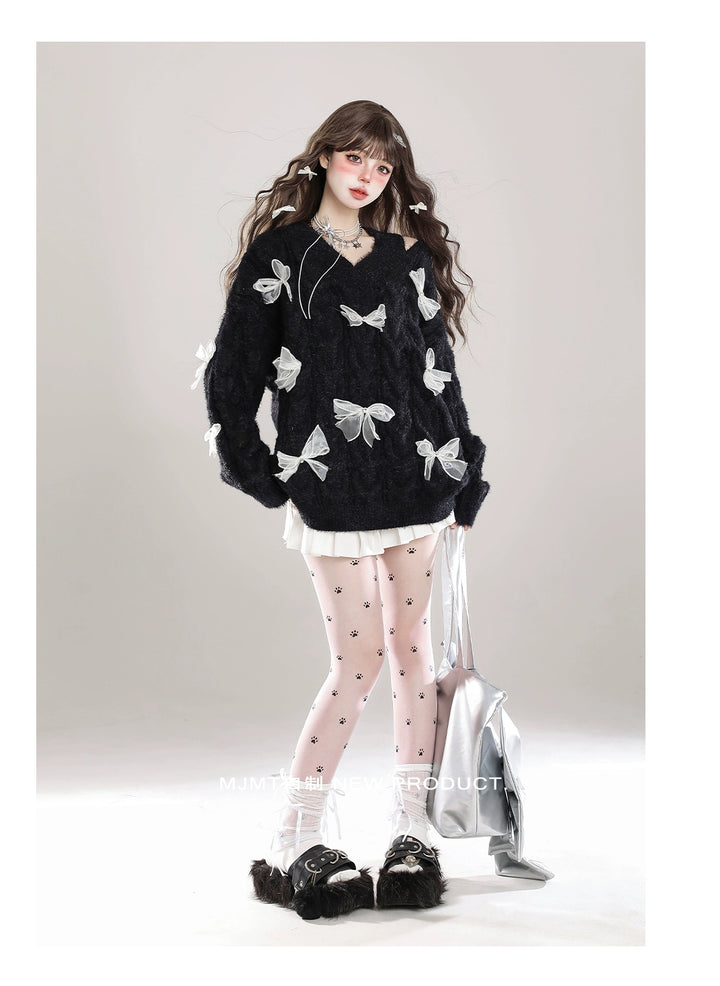 Sweet Winter Sweater, Open-Shoulder, Ribbon Bows 44070:795152
