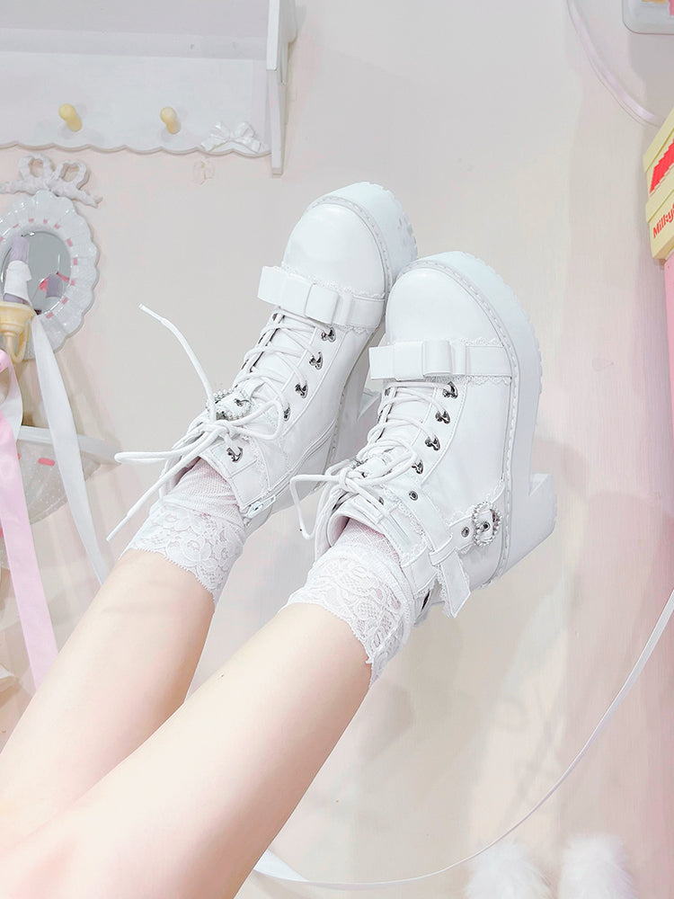 Jirai Kei Shoes Ankle Boots with Heart-shaped Pearl Buckle Detail 42651:748992