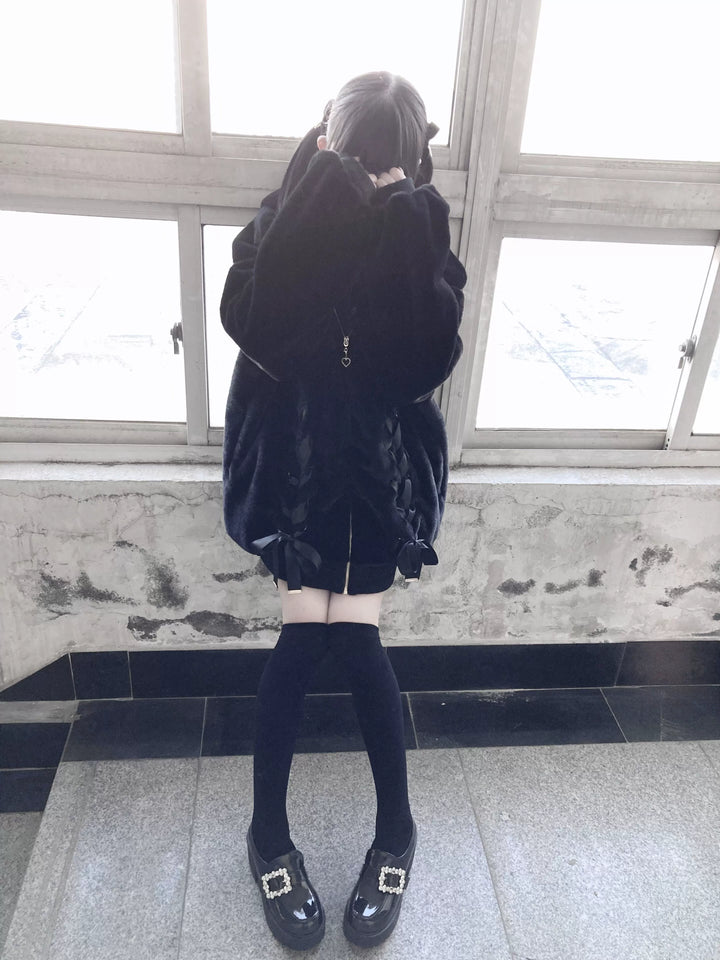 Jirai Kei Winter Coat Black Hooded Bunny Ears Fleece Coat 39524:626780