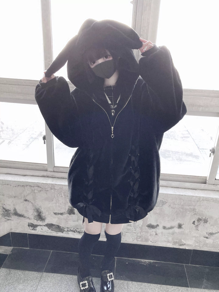 Jirai Kei Winter Coat Black Hooded Bunny Ears Fleece Coat 39524:626764