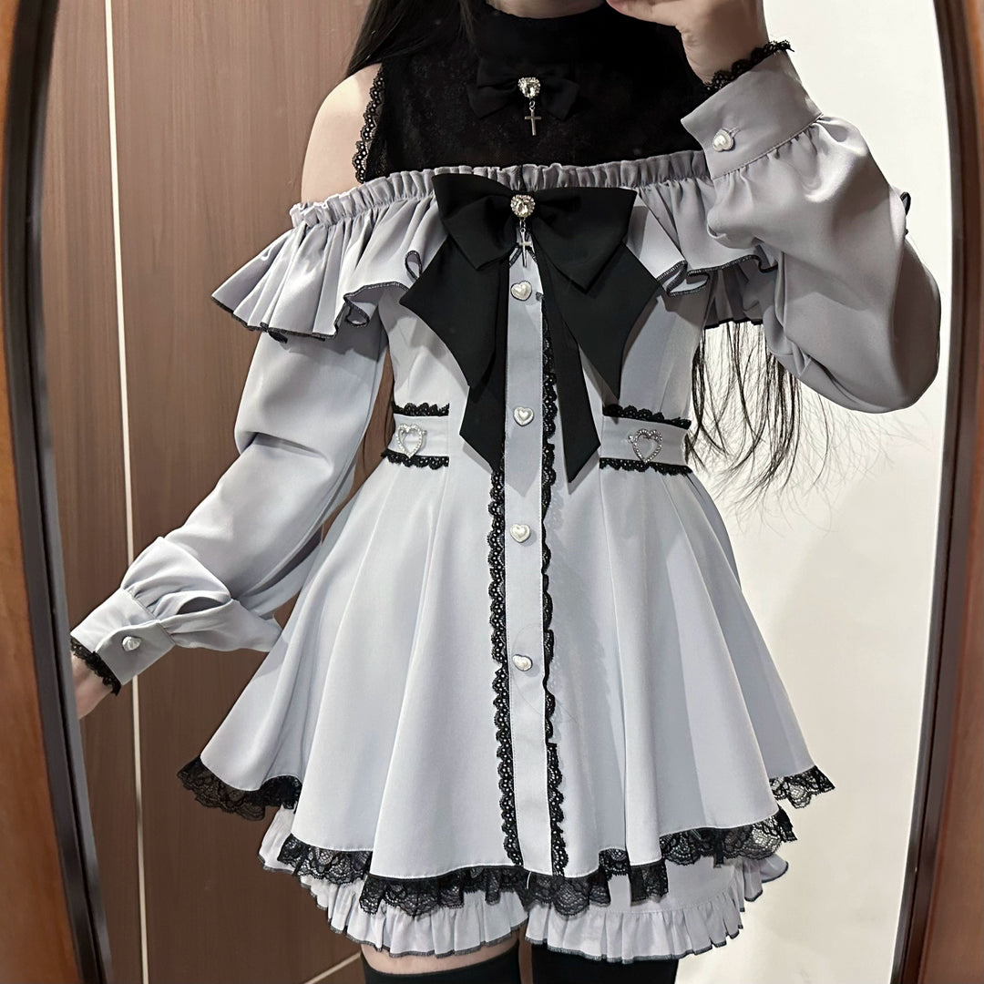 Jirai Kei Dress Set, Open-Shoulder Dress, Lace Patchwork (2XL 3XL 4XL L M S XL XS) 41552:703568