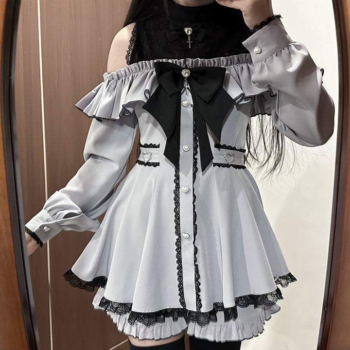 Jirai Kei Dress Set, Open-Shoulder Dress, Lace Patchwork (2XL 3XL 4XL L M S XL XS) 41552:703568