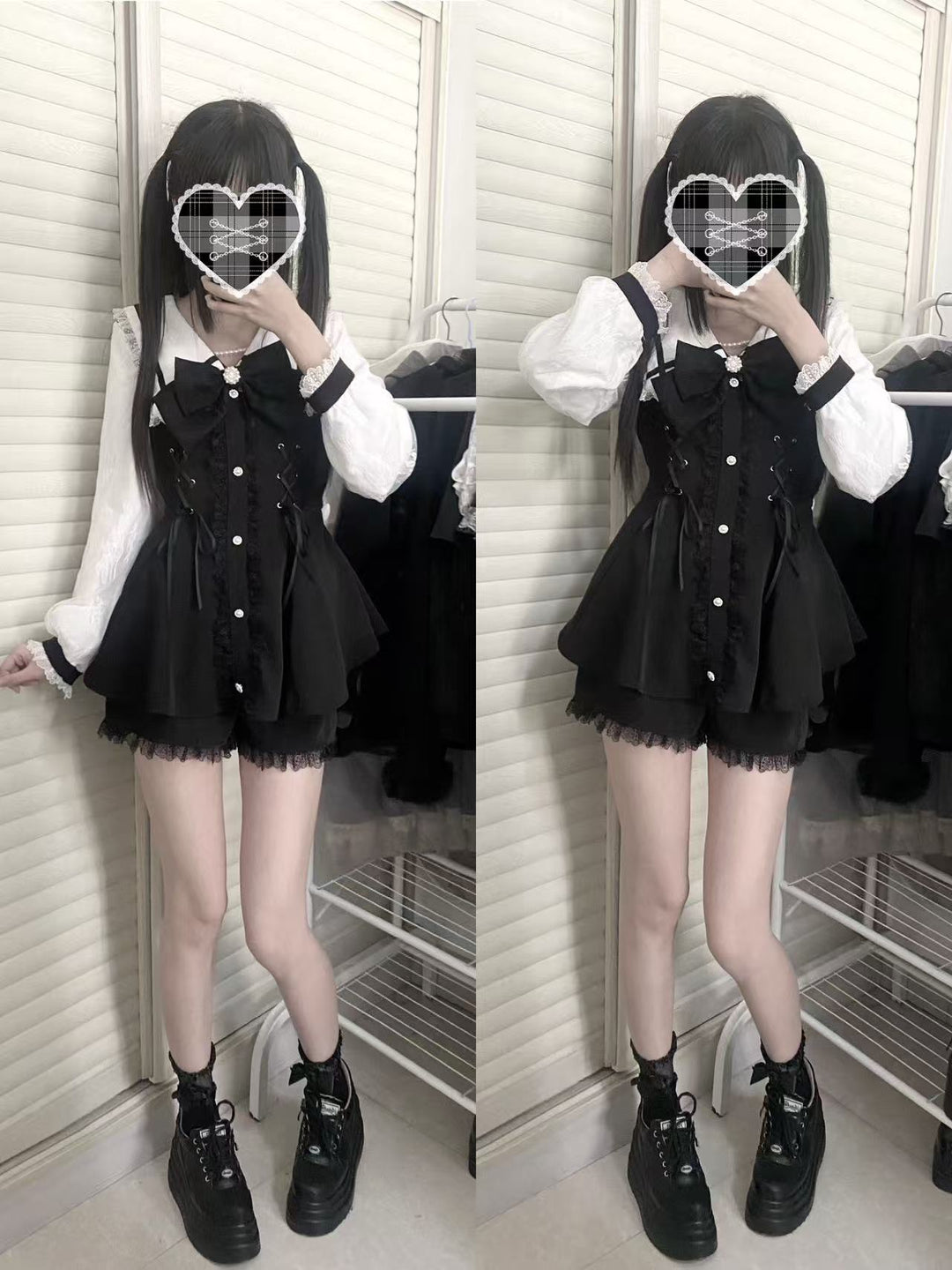 Lace-up Jirai Kei Dress Set with Lace and Rhinestone Button 42784:752973
