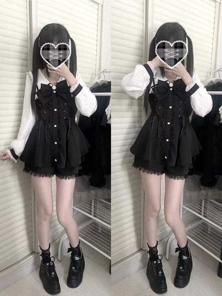Lace-up Jirai Kei Dress Set with Lace and Rhinestone Button 42784:752973