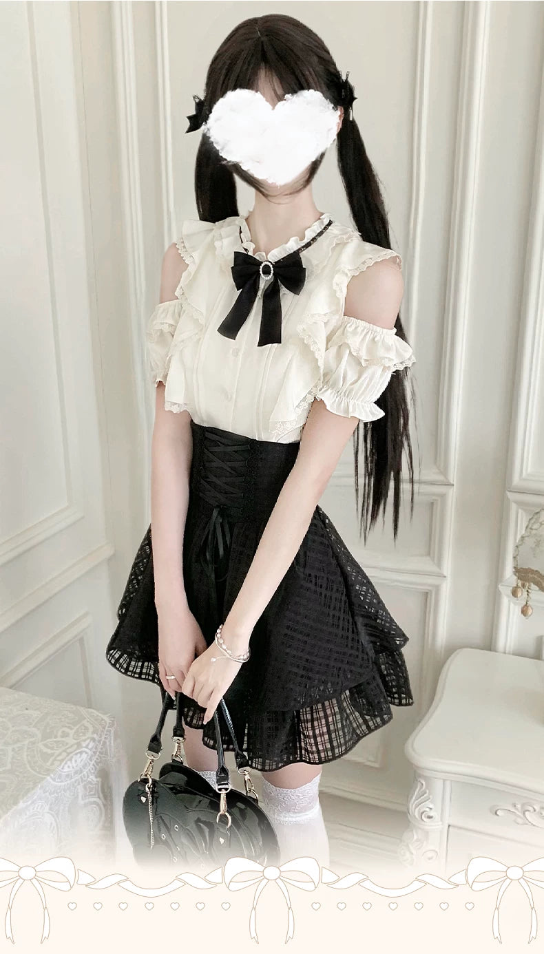 Black Jirai Kei Skirt Set with Open-shoulder Lace Blouse (L M S) 42239:819000
