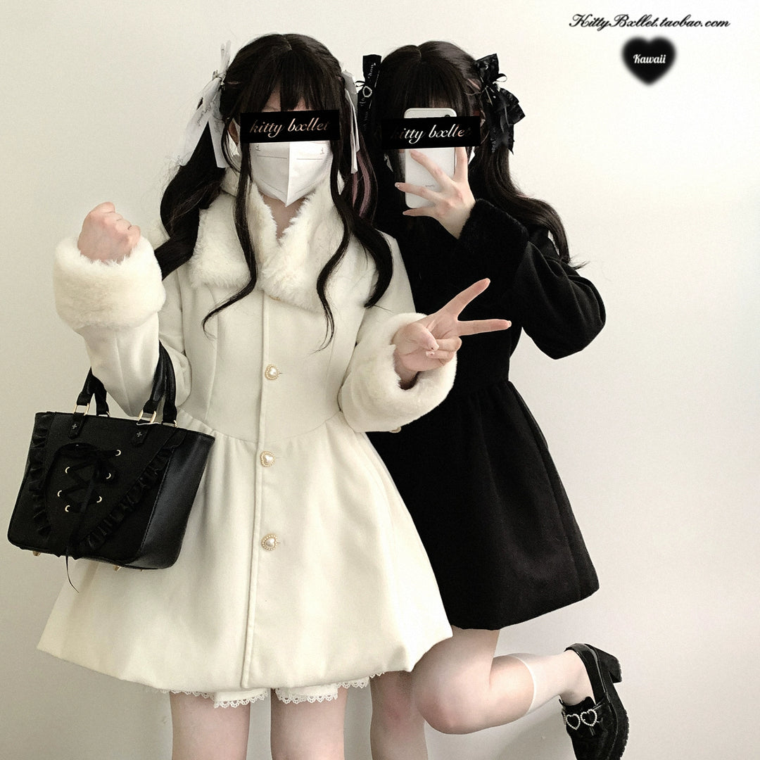 Jirai Kei Coat Detachable Fur Collar Dress Wool-like Jacket 40416:667678