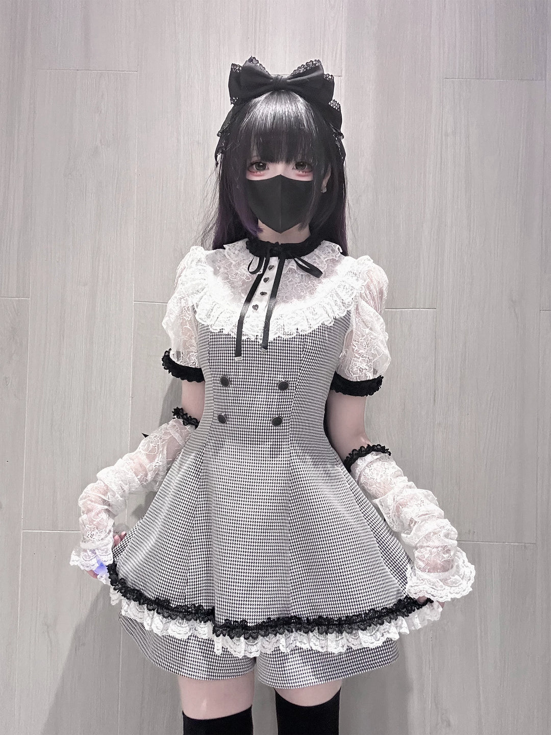 Jirai Kei Houndstooth Pattern Dress, Lace & Detachable Sleeves 44922:828281