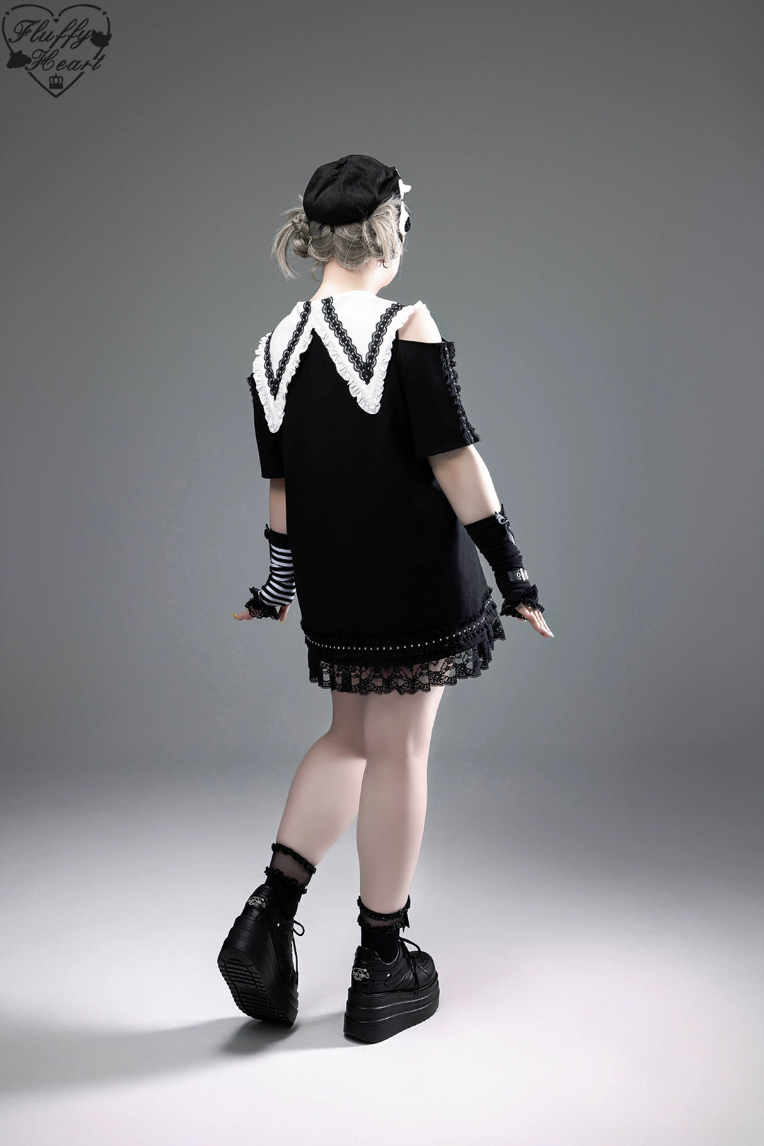 Cotton Sub Jirai Kei T-Shirt Dress, Pointed Collar, Open Shoulder 43373:774817