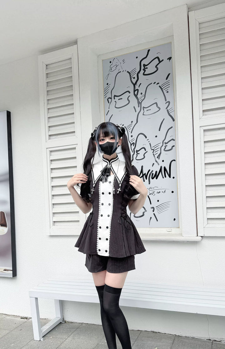Striped Jirai Kei Set Up, Detachable Collar, Long/Short Sleeve Styles 43401:775809