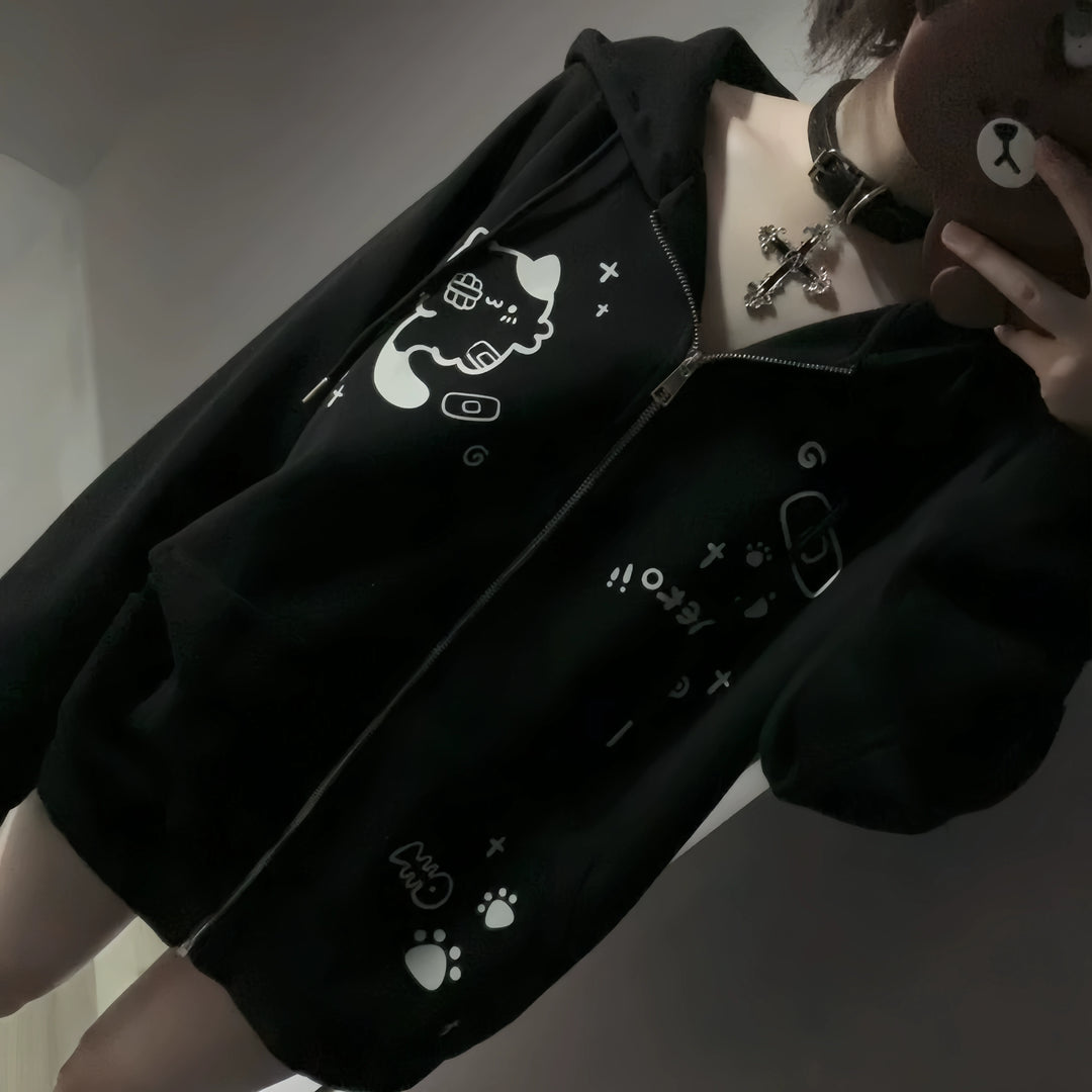 Kawaii Cat Ear Hooded Jacket, Bandage & Fishbone Print 43324:774193