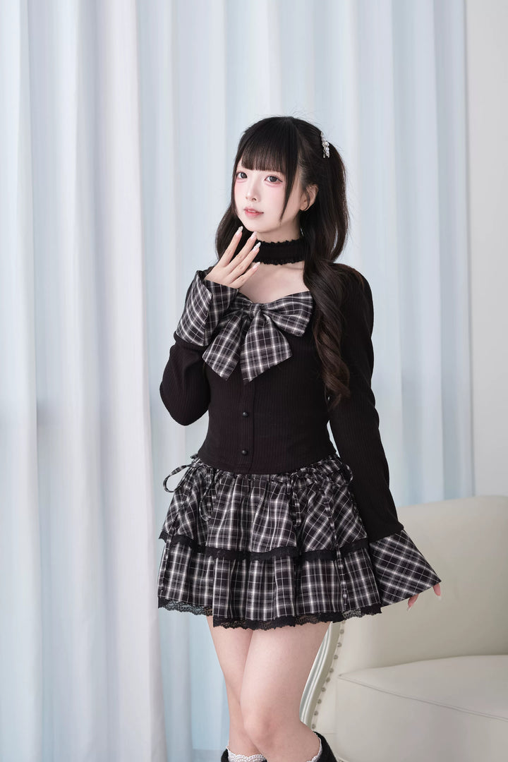 Jirai Kei Knit Top, Choker-Style Neck and Flared Sleeves 44686:818928