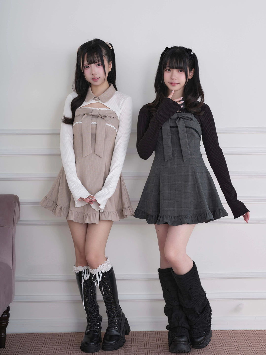 Ryousangata Dress & Knit Bolero Set, Plaid/Striped Pattern 46030:873160