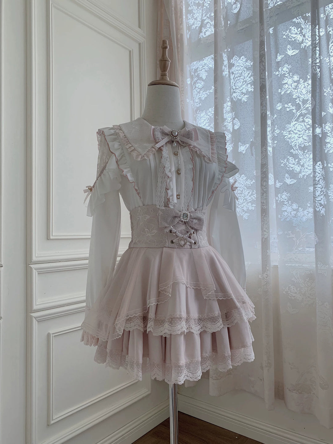Jirai Kei Long Sleeve Blouse, Lace Open-Shoulder (L M S XL) 44588:815093
