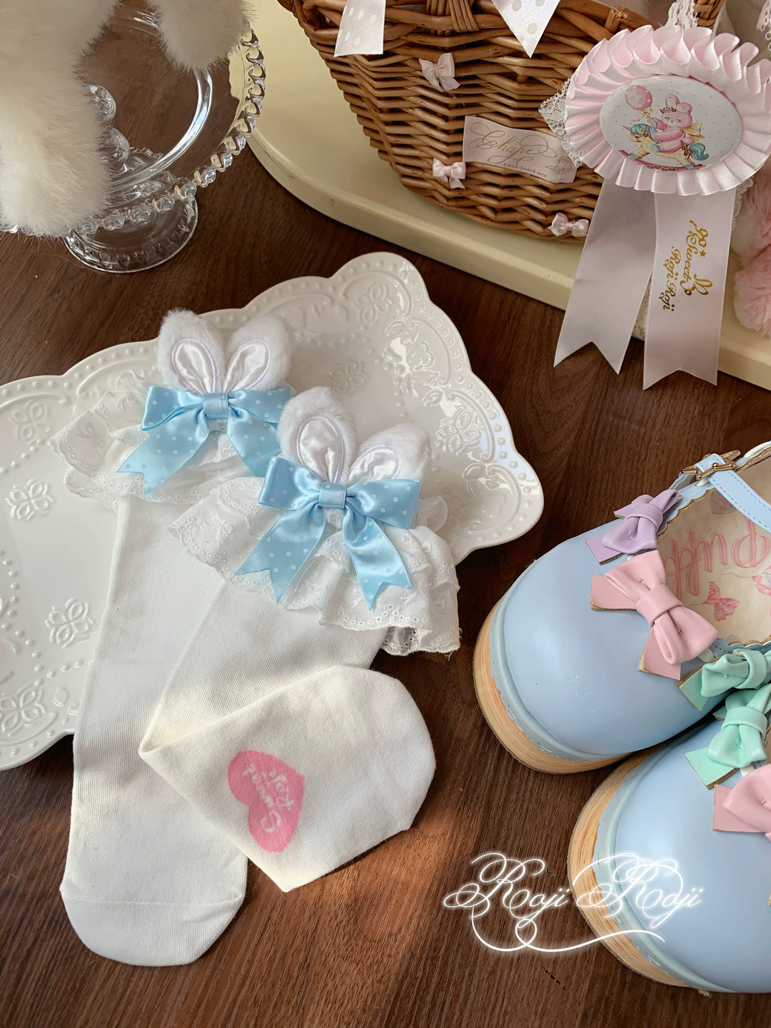Sweet Lolita Mid-Calf Cotton Socks, Bunny Ears, Polka Dots 44712:819615