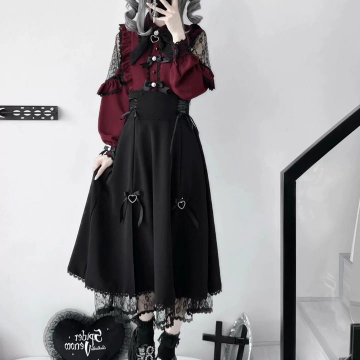 Lace Cut-Out Jirai Kei Blouse + Black Long High-Waist Lace-Up Skirt (2XL L M S XL) 41720:711586